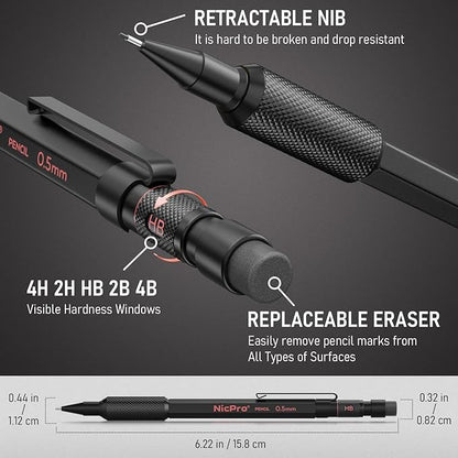 Nicpro Metal Mechanical Pencil Set, 3PCS Art Drafting Pencil 0.5, 0.7, 0.9MM & 2PCS 2MM Mechanical Drawing Pencils with 126 Lead(4B 2B HB 2H 4H Color) Weatherproof Barrel for Writing Sketching Drawing