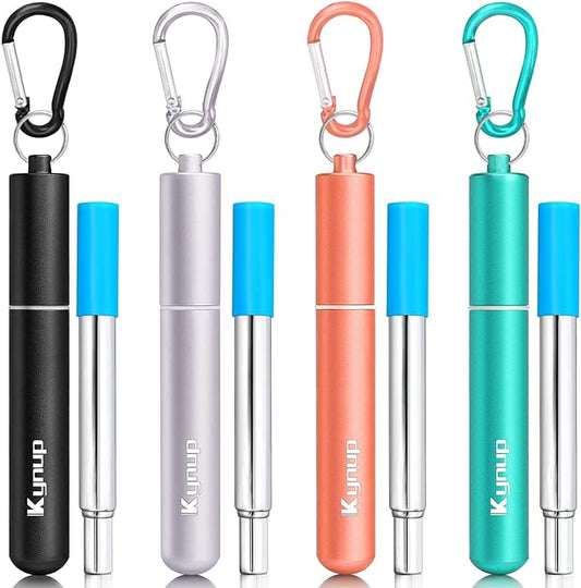 Kynup 4Packs Reusable Straws, Metal Straw with Silicon Pcs, Travel Drinking Straws with Case, Keychain, Cleaning Brushes, Perfect for Travel, Gifts (20 PCS) Black-Silver-Rose Gold-Turquoise
