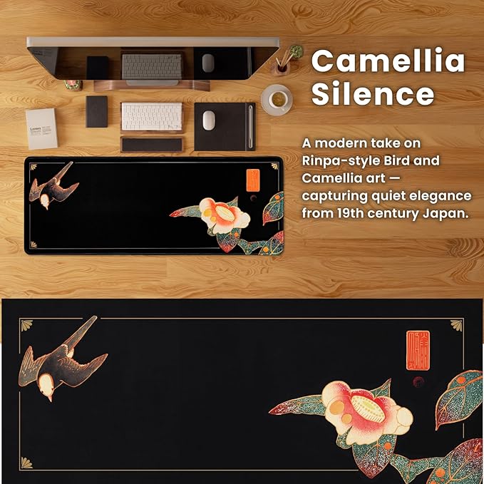 BELLEMOND Japanese Art Desk Mat | Large 31.5x11.8in Desk Pad | Mouse Pad for Keyboard & Mouse | Non-Slip Base, Water-Repellent, Smooth Precision | Camellia Silence
