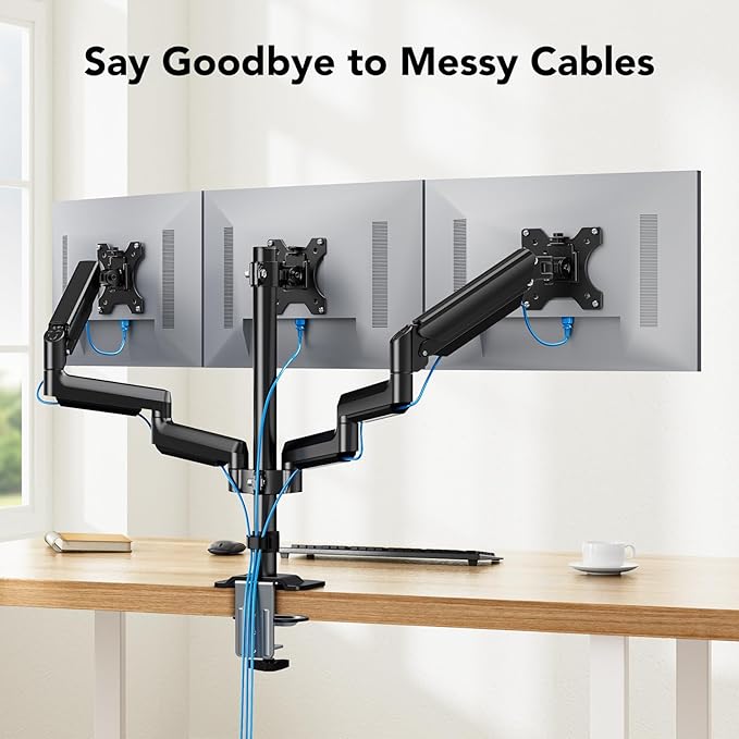 HUANUO Triple Monitor Mount for 13-27 inch Computer Screens, 3 Monitor Desk Mount with Arm Holds 17.6lbs, Triple Monitors Stand with Tilt, Swivel, Rotation, VESA 75x75, 100x100mm