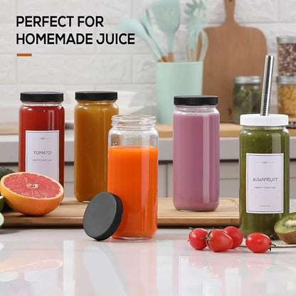 [ 8 Pack ] Glass Juicing Bottles with 2 Straws & 2 Lids w Hole- 16 OZ Travel Drinking Jars, Water Cups with Black Airtight Lids, Reusable Tall Mason Jar for Juice, Bubble Tea, Smoothie, Tea, Kombucha