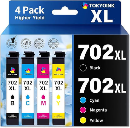 TOKYOINK 702XL Ink Cartridges Combo Pack Remanufactured Replacement for 702 Ink Cartridge 702 XL T702XL for Pro WF-3720 WF-3730 WF-3733 Printer Ink (Black, Cyan, Magenta, Yellow 4 Pack)
