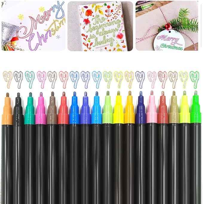 Marker Pen for Highlight,Dual-Line Highlighter Outline Marker Set, Metallic Paint Markers for Black Paper Pens Glitter Markers Scrapbook Supplies (18 Colors)