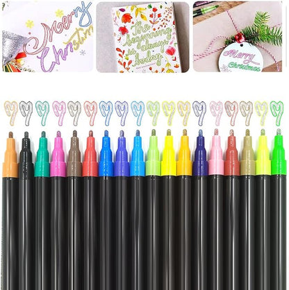 Marker Pen for Highlight,Dual-Line Highlighter Outline Marker Set, Metallic Paint Markers for Black Paper Pens Glitter Markers Scrapbook Supplies (18 Colors)