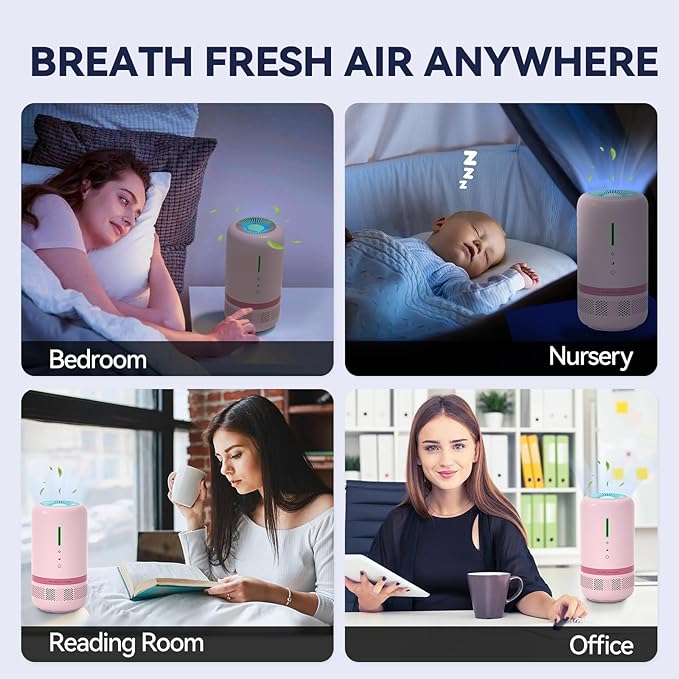 Air Purifiers for Home,HEPA Air Purifier for Room up to 960ft²,Air Purifiers for Odor,Dust,Quiet Air Cleaner for Office,Living Room,Bedroom,Type-C Charging,Included Adapter,Pink 2 Pack
