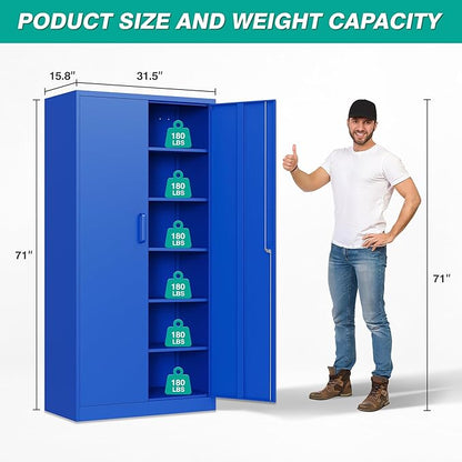 Blue Metal Storage Cabinet with 6 Shelves,71" Garage Storage Cabinet with Lock,6 Tier Steel Cabinets with Locking Doors,Lockable Cabinets for Home,Office,Shop,Garage