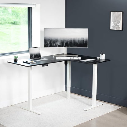 VIVO Electric Corner 63 x 47 inch L-Shaped Standing Desk, Memory Height Adjustment, Black Top White Frame, DESK-E3CTWB-47
