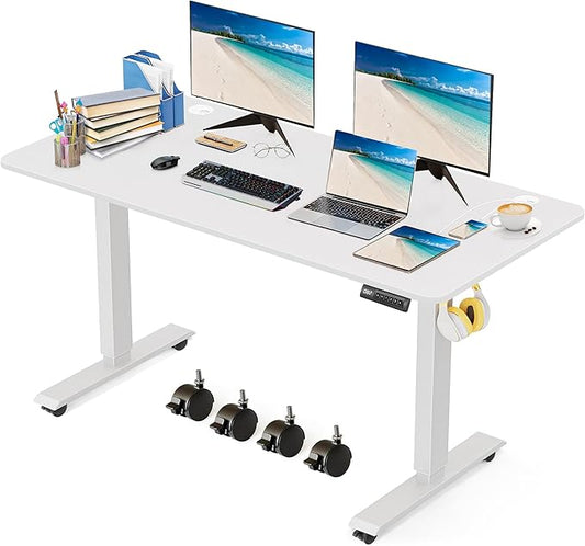Electric Standing Desk 63 x 24 Inches Adjustable Height Sit Stand Up Desk for Home Office Computer Desk Memory Preset with Wheels, White