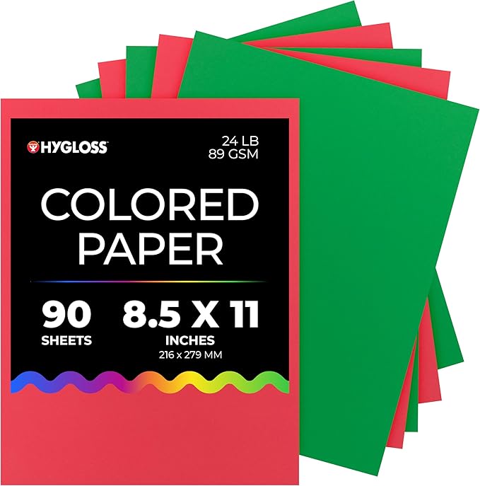 Hygloss 90 Sheets Holiday Christmas Colored Paper - 8.5x11-Inch Red and Green Letter Size Color Copy Paper - 24 lb/ 89 GSM, Acid-Free, Fade-Resistant