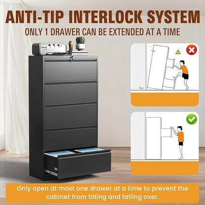 5-Drawer Lateral File Cabinet with Lock, Black Metal Filing Cabinet for Office or Home – Secure Storage for Letter/Legal/A4/F4 Documents, Easy to Assemble Locking File Organizer (Black, 5 Drawer-64"H)