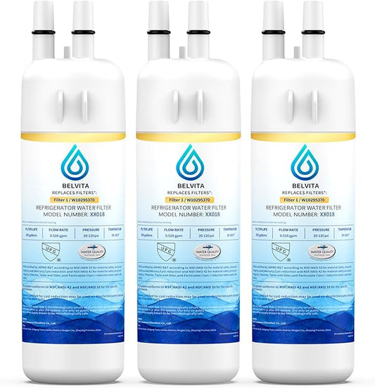 BELVITA Plus NSF/ANSI 53 Certified Water Filter Compatible with W10295370A, EDR1RXD1, WHR1RXD1, KAD1RXD1, Filter 1, W10295370, P4RFWB, P8RFWB2L, 46-9930, 46-9081 Refrigerator Water Filter, 3 Pack