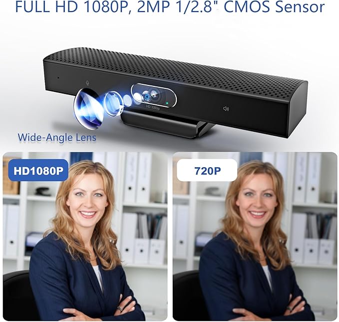 Conference Room Camera, 3-in-1, 1080p Full HD Webcam with Microphone and Speaker, USB Plug and Play, Wide Angle Video Conference Camera for Desktop, Laptop, Mac, PC (Black)