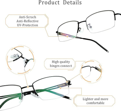 LifeArt Alloy Semi-Rimless Reading Glasses,Blue Light Blocking Glasses, Anti Eyestrain, Computer Gaming Glasses, TV Glasses for Men, Anti Glare (Black, +3.75 Magnification)