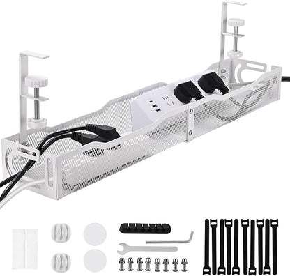 Under Desk Cable Management Tray 25.3 Inch – No Damage Install, Cord Organizer for Office & Home, Wire Organizer for Desk Storage, White