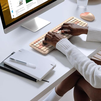 KNOWSQT Wireless Keyboard and Mouse Combo, Pale Milktea Full-Sized 2.4G Silent Keycap Colorful Keyboards, USB Dongle Plug Play, for Laptop, Windows, PC, Computer, Desktop