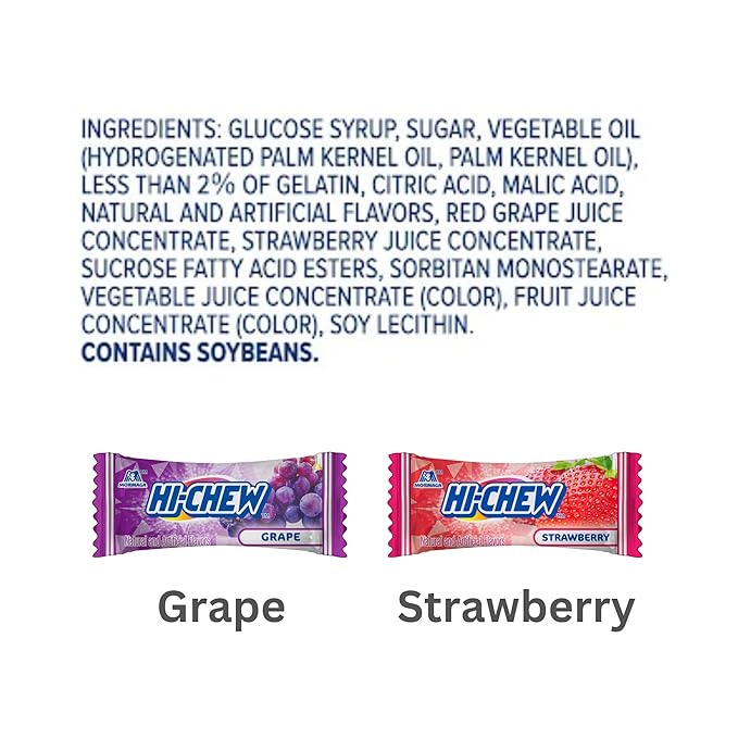 HI-CHEW Grape & Strawberry Mix, Pack of 8 Bags, 1.94oz each - Grape & Strawberry - Chewy Fun Soft Candy Variety Pack - Immensely Juicy Fruity Flavors - Individually Wrapped for Sharing