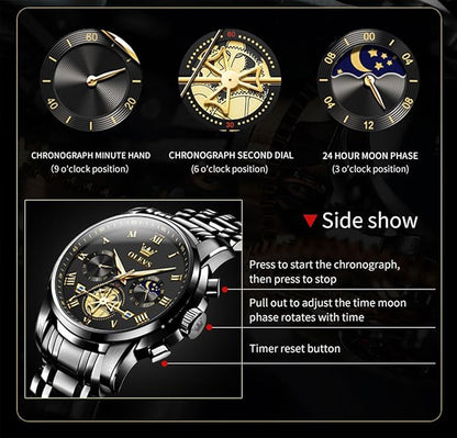 OLEVS Watches Men Waterproof Luxury Big Face Mens Watch Stainless Steel Quartz Analog Dress Watches for Men Luminous Multifunction Man Watch Relojes De Hombre