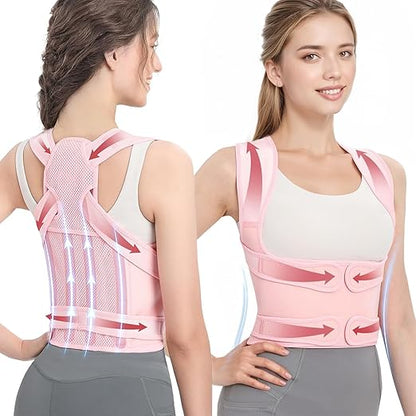 Posture Corrector for Women & Men, Adjustable Back Brace with Full Back & Shoulder Support, Spine Alignment for Upper Back Pain Relief, Scoliosis & Hunchback(Pink,Large)