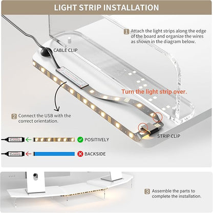 LED Dual Monitor Stand Riser for 2 Monitors, Office Desktop Wooden Stand Adjustable Length and Angle 3 Shelf, Extra Long Multifunctional Stand up to 44.4" for Computer, Laptop, TV, White