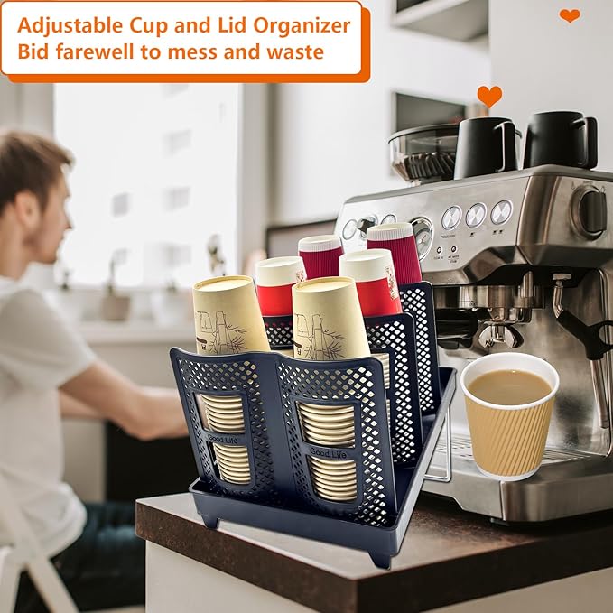 Cup and Lid Holder, CIT ZCFYU Adjustable Coffee Cup Organizer 6 Compartment, Disposable Paper Cup Dispenser fits 8-22oz, Plastic Cup Storage Rack for Coffee Station Bar Countertop Breakroom, Station