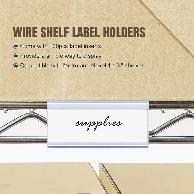 Lenink 100Pcs Wire Shelf Label Holders with 100Pcs Label Paper Inserts, Plastic Wire Rack Label Holder Compatible with Metro and Nexel 1-1/4in Shelves, Label Area 3in Lx1.25in H