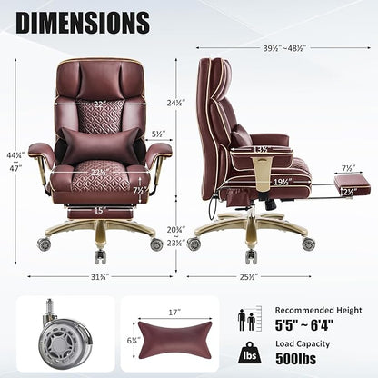Ergonomic Executive Desk Chair with Adjustable Air Back Support, Luxury PU Leather Office Chair with Lumbar Massage High-Back 3-Level Tilt 360° Swivel Silent Wheels Height Adjustment,Footrest, Brown