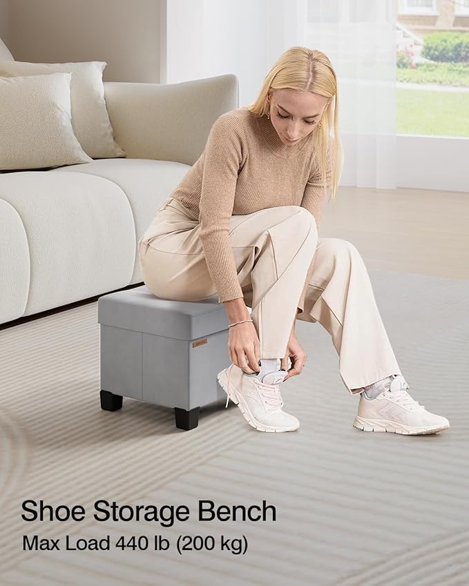 Cube Storage Ottoman, Velvet Foot Stool with Feet, Folding Storage Bench, End of Bed Bench, Storage Chest, for Living Room, Bedroom, 12.6 x 15.8 x 13.2 Inches, Dove Gray, ASND21G
