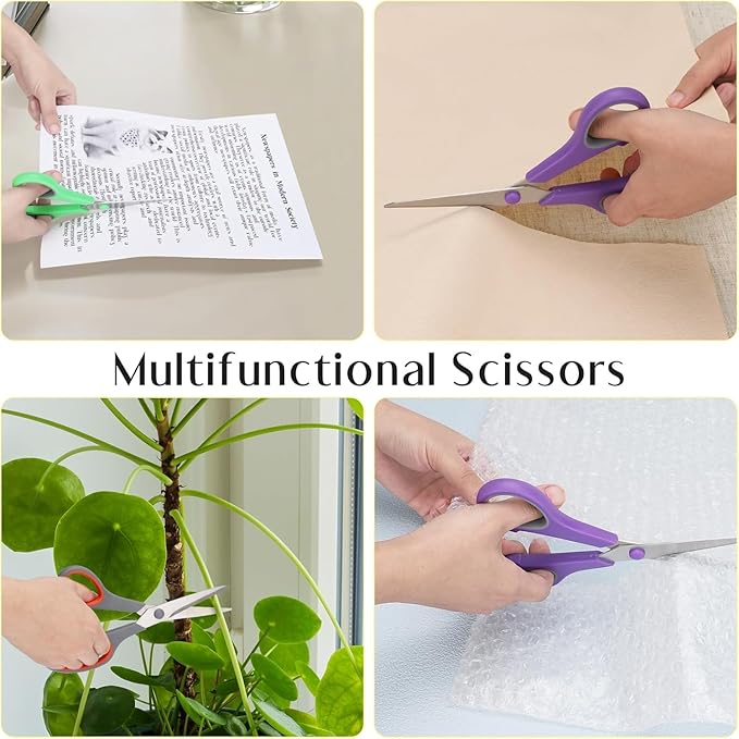 6 Pack All Purpose Scissors, 8.3" Stainless Steel Scissor With Ergonomic Soft-Grip Handles, Sharp Blades Scissors for Office, School, Kitchen, Crafts, Sewing, Left and Right Hand Use (6 Colors)