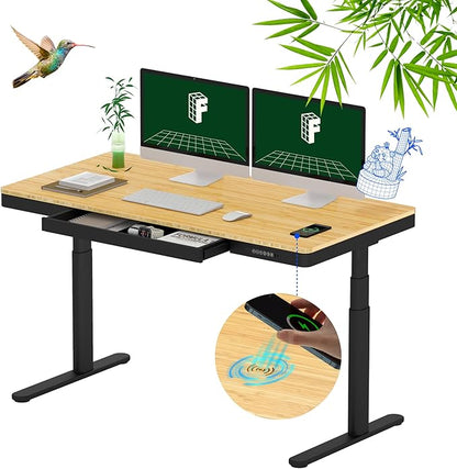 FLEXISPOT Q8 55" Bamboo Standing Desk, Dual Motor 3 Stages Adjustable Height Electric Computer Workstation w/Wireless Charging, Drawer, Quick Install, 220lbs Capacity (Bamboo Tabletop + Black Frame)