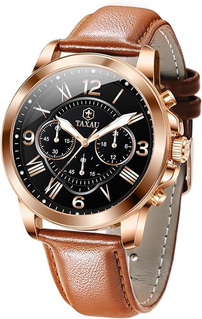 Mens Watches Luxury Dress Waterproof Leather Watch with Date Day Analog Quartz Large Number Wrist Watch Casual Classic Luminous Scales Big Face Easy Read Reloj para Hombre