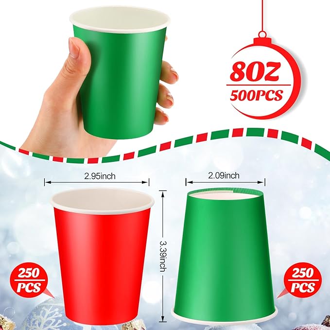 Nosiny 500 Pieces 8 oz Christmas Disposable Cups Red Green Christmas Paper Coffee Cups for Hot Cold Beverage Chocolate Tea Cocoa, Xmas Holiday Table Decorations