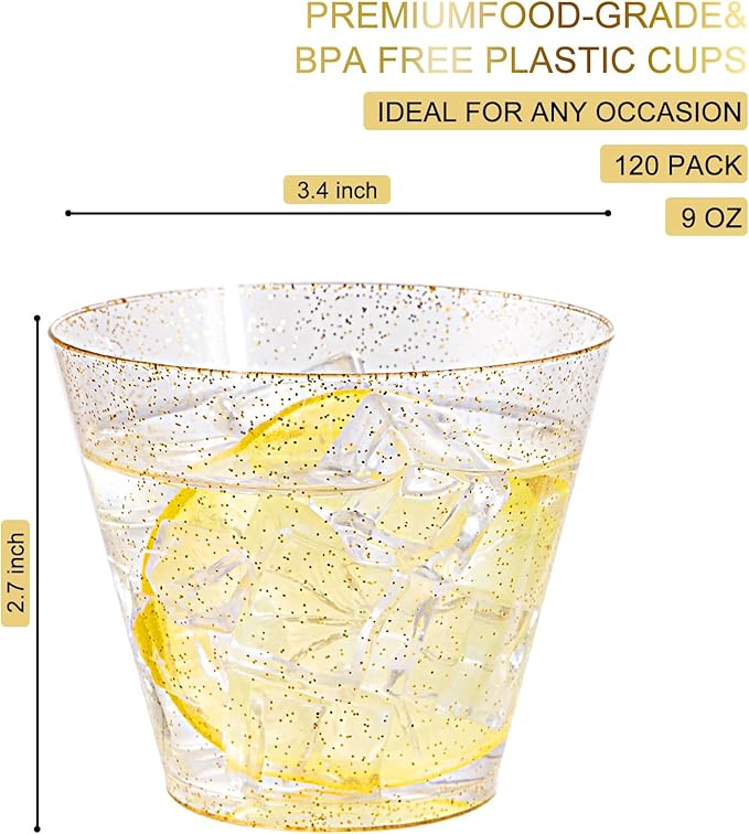 Nervure 120PCS Gold Glitter Plastic Cups - 9oz Heavy Duty Plastic Cups - Gold Disposable Cups for Wedding, Thanksgiving, Birthday, Halloween & Christmas Party