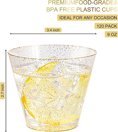Nervure 120PCS Gold Glitter Plastic Cups - 9oz Heavy Duty Plastic Cups - Gold Disposable Cups for Wedding, Thanksgiving, Birthday, Halloween & Christmas Party