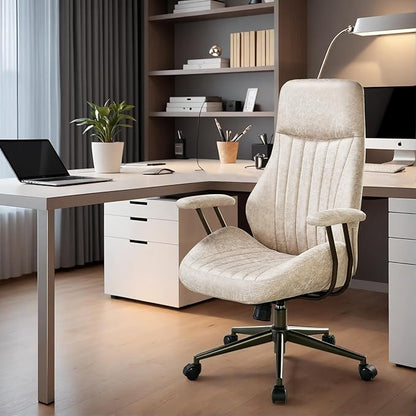 High Back Padded Headrest Office Chair, Suede Ergonomic Executive Office Chair with Lumbar Support, Adjustable Height Home Office Desk Chair with Armrests, Rolling Swivel Computer Gaming Chair, Beige