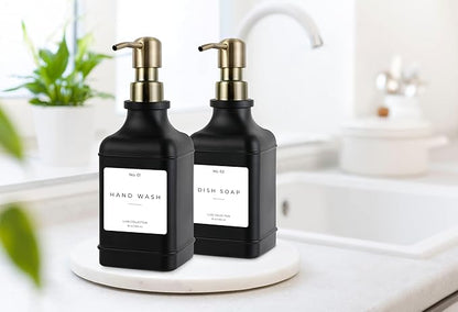 Emerson Essentials Soap Dispenser, Dish Soap Dispenser, Soap Bottle Bathroom Set, Hand Soap Farmhouse Home, Kitchen Soap Dispenser Set - Glass Soap Dispenser with Pump and Labels, 16 Oz, 2 Set