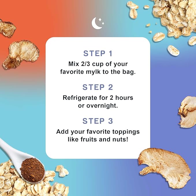 Mushroom Overnight Oats (6 Pack) Superfood Lions Mane Mushroom, Chia & Flax Seed - Organic Protein Oatmeal - High Fiber, Vegan, Gluten Free, Low Sugar - Easy Prep Plant Protein - Blueberry