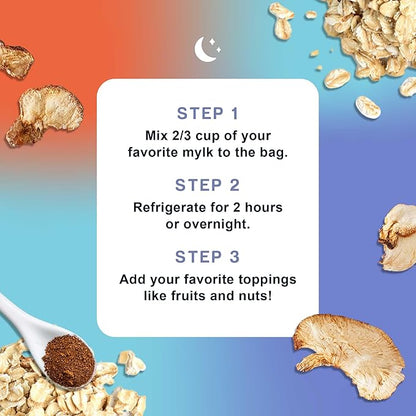 Mushroom Overnight Oats (6 Pack) Superfood Lions Mane Mushroom, Chia & Flax Seed - Organic Protein Oatmeal - High Fiber, Vegan, Gluten Free, Low Sugar - Easy Prep Plant Protein - Blueberry