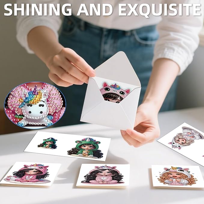 jinglinhh 12pcs Diamond Art Painting Little Girl Bear Greeting Cards with Envelopes, DIY Card Making Kits for Adults, Diamond Art Postcards Christmas Cards Craft Gifts