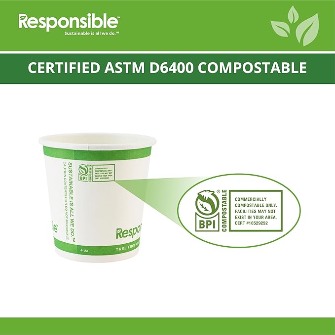 Responsible Products 4 oz Paper Hot Cups, Tree-Less™ Compostable Paper Coffee Cups, Extra Strength, Tree-Free and Made Without PFAS, White (1000 Count)