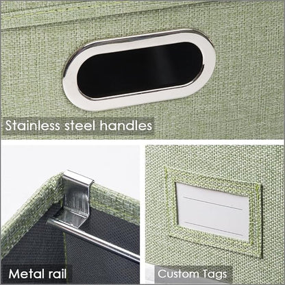 PRANDOM File Organizer Box - Set of 4 Collapsible Decorative Linen Filing Storage Hanging File Folders with Lids Office Cabinet Letter Size Green (14x9.3x10.8 inch)