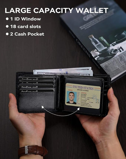 Swallowmall Mens Wallet Rfid Blocking Leather Wallet for Men Bifold Wallets with 1 ID Window 16 Card Slot