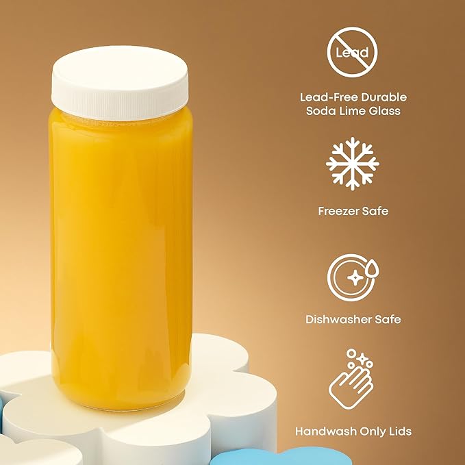 JoyJolt 16 oz Reusable Glass Bottles with Caps. Set of 8 Juicing Bottles With Lids and Juice Jars Labels. Glasses for Cold Brew, Smoothie