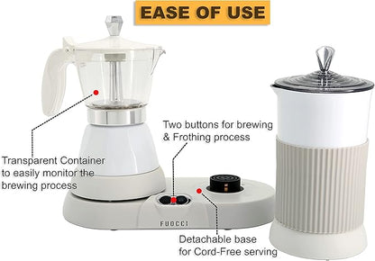 Electric Moka Pot with Milk Frother – 3-Cup (150 ml) Modern Espresso Maker for Coffee, Cappuccino, Latte, Mocha & Cuban, White