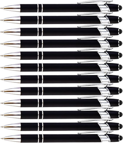PASISIBICK 12-Piece Black Ballpoint Pen with Stylus Tip, 2 in 1 Stylish Metal Touch Screen Pen - Black Ink, 1.0 mm Medium Point - 5.5 x 0.4 inch / 14 x 1 cm