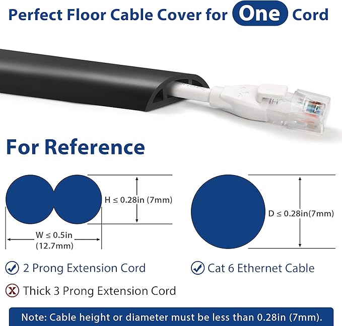 Cord Cover Floor 6ft Black, PVC Floor Cable Cover, Cord Hider Floor Cord Protector Prevent Cable Trips & Protect Wires, Floor Cable Management Hide Cords on Floor, Cord Cavity - W0.47 x H0.28