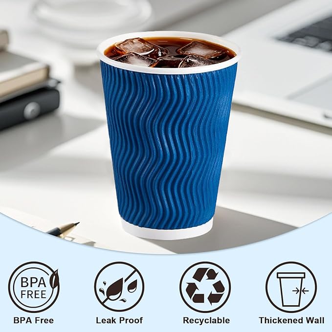 500 Pack 16oz Coffee Cups,Corrugated Insulated Ripple Wall Disposable Paper Coffee Cups 500 Count,Hot Beverages Cup for Office,Party,Home,Travel(Navy)