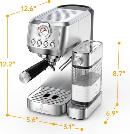 MAttinata Cappuccino Coffee Machine with Automatic Milk Frother, Compact Espresso Machine with Pressure Gauge, Stainless Steel Cappuccino Maker with for Home, Office