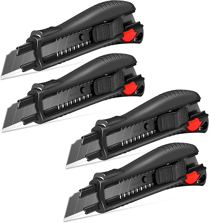 HAUTMEC 18mm Soft Grip Auto-Lock Utility Knife With Red Safety Switch, Sturdy Cutter with Ultra Sharp Black Snap-off Blade HT0081-4PC
