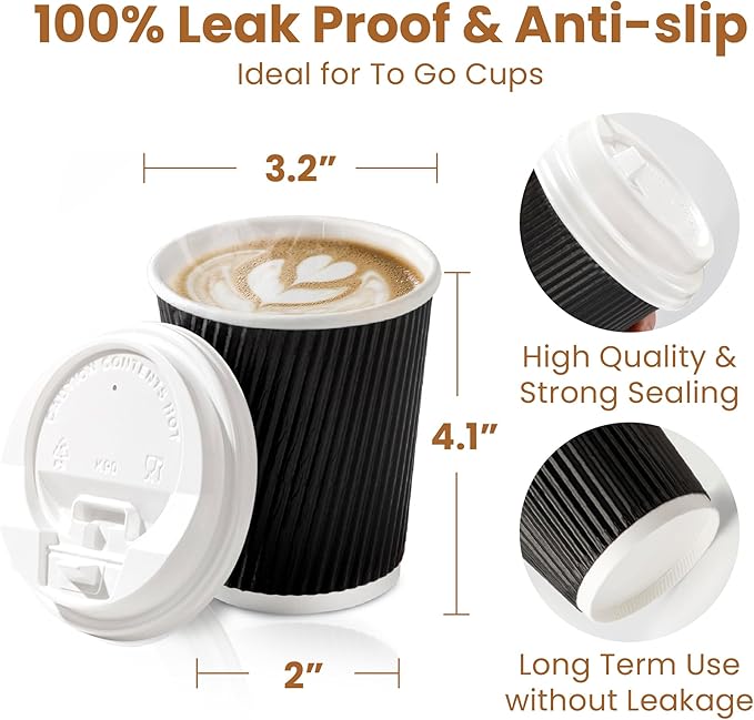 Fit Meal Prep 250 Pack 8 oz Black Disposable Coffee Cups with Lids & Stirrers, Corrugated Triple Wall To Go Hot Cups, Insulated Paper Coffee Cups for Hot Beverages, Travel, Home, Office (White Lids)