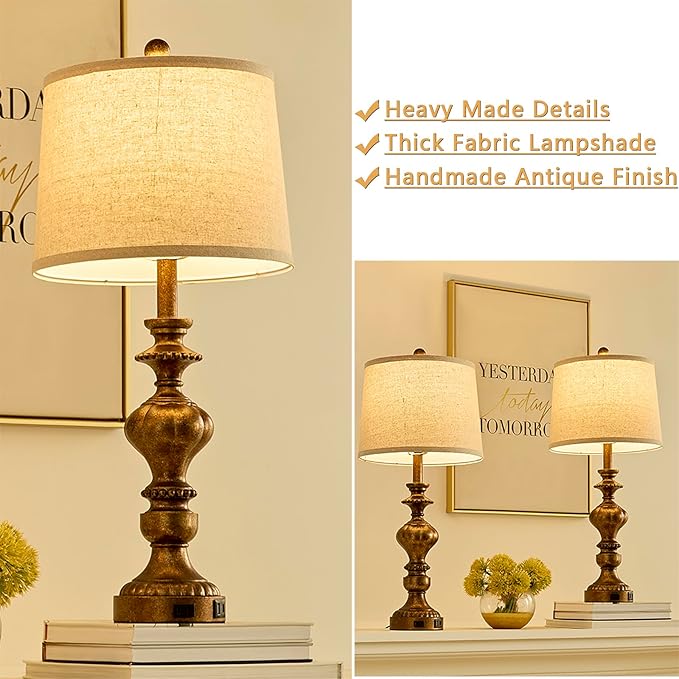 27.5" Farmhouse Table Lamps Set of 2 Bedside Nightstand Lamp with USB C+A Ports & AC Outlet, 3 Way Dimmable Touch Lamps for Bedroom Living Room Office Rustic Lamp (Rotary Switch-Copper)